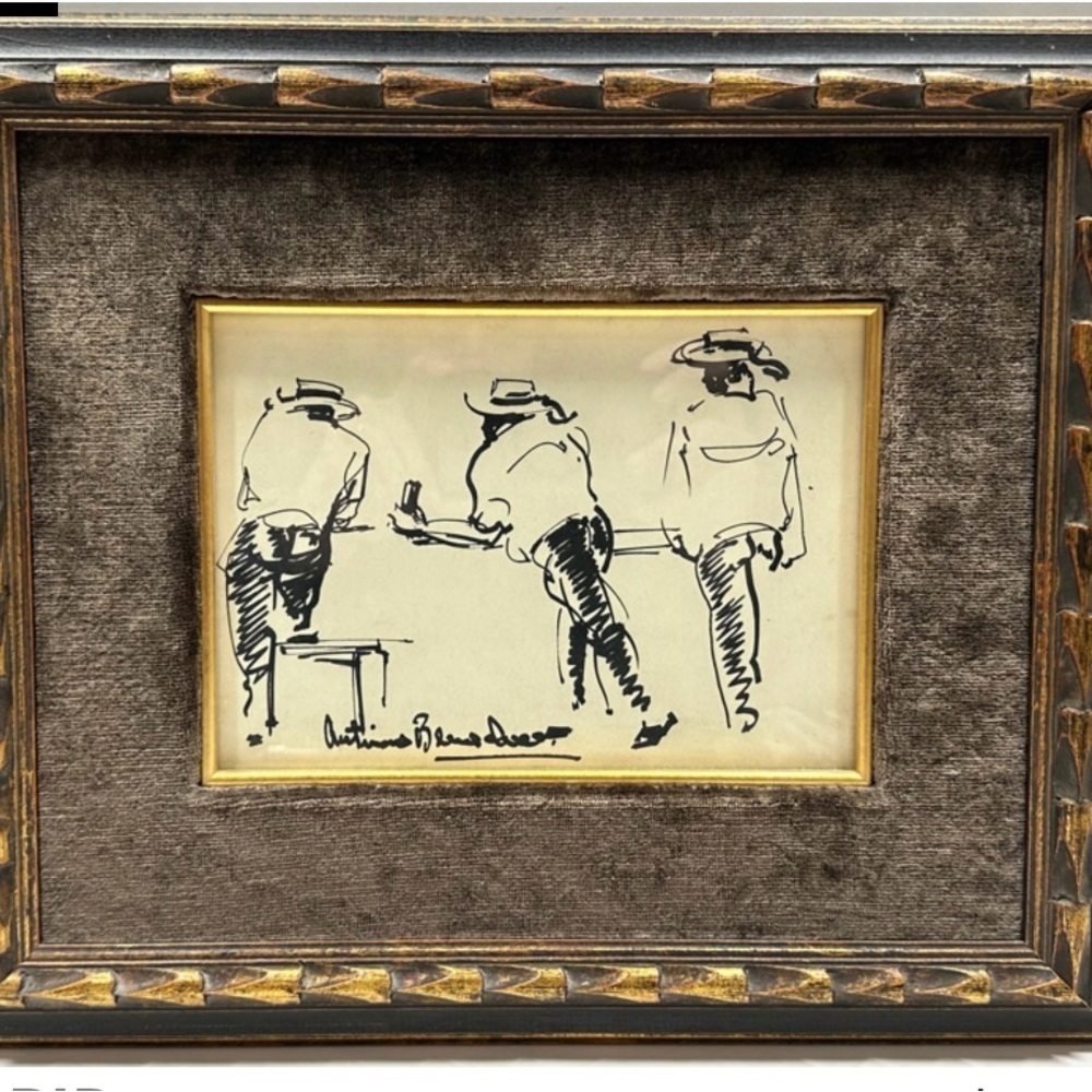 Cowboy ART Antonio Beneduce Figurative Abstract COWBOYS AT BAR Ink Drawing FRAME